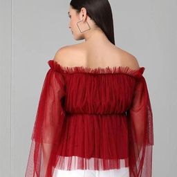 LIME N LEMON Off-Shoulder Flared Sleeve Net Crop Top image 2