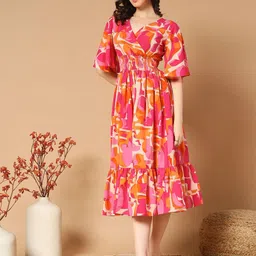 Femvy Women Printed Bell Sleeves Empire Dress-picture-42