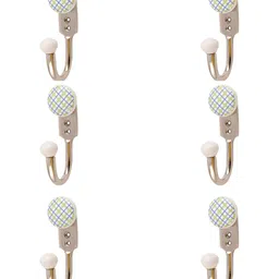 IndianShelf White & Green 6 Pcs Checked Ceramic Wall Hooks-image-24