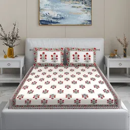 MODEFE Cream-Coloured & Red Floral 144 TC King Bedsheet with 2 Pillow Covers-21