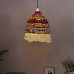 Fos Lighting Red & Yellow Printed Repurposed Fabric & Macrame Dome Pendant Ceiling Lamp image 4