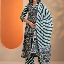 OZIA Floral Printed V-Neck Pure Cotton Kurta With Palazzos & Dupatta-picture-28