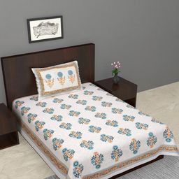 Salgia White & Blue Floral 144 TC Single Bedsheet With Pillow Cover-image-51