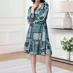 Popwings Women Print Round Neck Puff Sleeve A-Line Dress-image-40