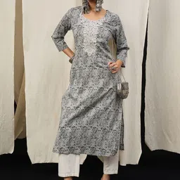 Anouk Paisley Printed Zardozi Straight Cotton Kurta-picture-42