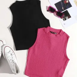 Pack of 2 Casual Sleeveless Self Design Women Black, Pink Top-picture-18