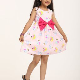 ZION Girls Printed Bow Detail Cotton Fit & Flare Dress-image-100