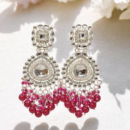 MEIRA JEWELLERY Silver Plated Kundan Stones Studded & Pearls Beaded Teardrop Drop Earrings-3