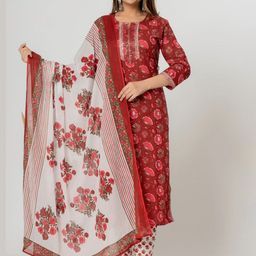 VEDANA Women Floral Printed Regular Sequinned Pure Cotton Kurta with Trousers & With Dupatta-image-55