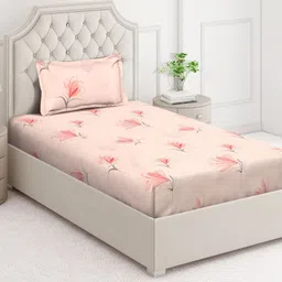 Arrabi Peach-Coloured & Pink Floral 350 TC Single Bedsheet with 1 Pillow Covers-16