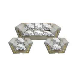 MONKDECOR Cream-Coloured & Grey Printed Velvet 5 Piece Sofa Cover-12