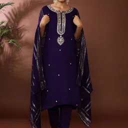 Jaipur Kurti Floral Embroidered Sequinned Chanderi Cotton Kurta With Trouser & Dupatta-30