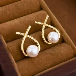 COOLWOOL Gold-Plated Stones Studded & Pearls Beaded Korean Teardrop Shaped Drop Earrings-7