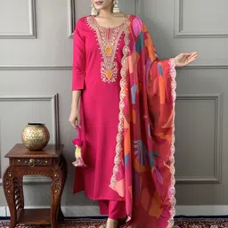 BAESD Women Ethnic Motifs Regular Silk Crepe Kurti with Trousers & With Dupatta-picture-38