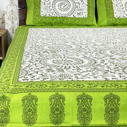 Marika Green & White Ethnic Motifs 220 TC Queen Bedsheet with 2 Pillow Covers-image-27