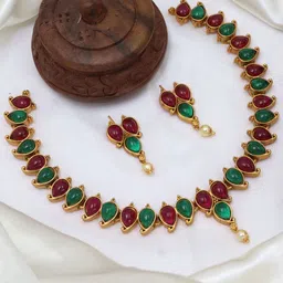 Diksha collection Brass-Plated Stone Studded & Beaded Matte Finish Jewellery Set-image-61