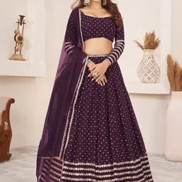 ETHNIC PLUS Embellished Sequinned Semi-Stitched Georgette Lehenga & Blouse With Dupatta-image-30
