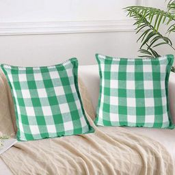 Lushomes Green & White Set of 2 Checked Square Cushion Covers-50