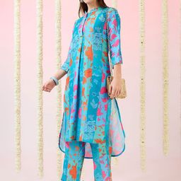 Globus Floral Print Mandarin Collar High-Low Hem Straight Kurta & Pants Fusion Set-18