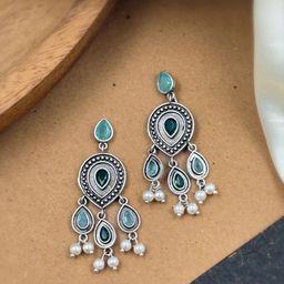 NAMAN ARTS Silver-Plated Artificial Stones and Beads Oxidised Contemporary Drop Earrings-0