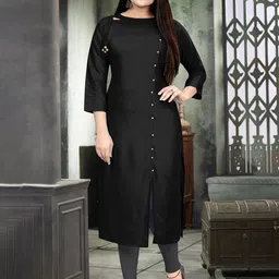 Rinbin Asymmetric Button Detailing Round Neck Straight Kurta-picture-1