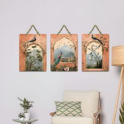 ArtVibes Pink & Green 3 Pieces Palace Windows of Nature Printed Wooden Hanging Wall Arts-image-53