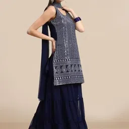 PARROT CREATION Geometric Embroidered Georgette Straight Kurti With Sharara & Dupatta image 3