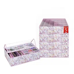 Kuber Industries Pink & White 5Pcs Striped Reusable Drawer Organisers With Transparent Lid-45