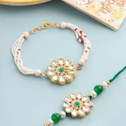 NVRSet Of 2 Kundan Studded Bhaiya Bhabhi Rakhi Set with Roli Chawal Chandan & Mishri-15