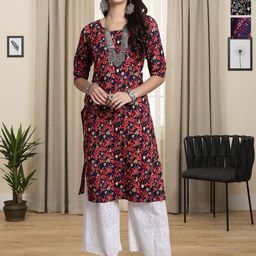 HERE&NOW Selection Of 3 Floral Printed Round Neck Straight Kurtas-image-57