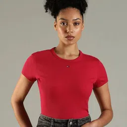 Tommy Hilfiger Women Solid Round Neck Cotton Slim Fit T-shirt-picture-6