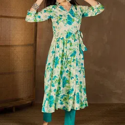 Inddus Women Floral Printed Angrakha Mirror Work Kurta with Trousers-32