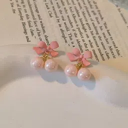 KRENOZ Gold-Plated Pearls Studded Bow Shaped Drop Earrings-52