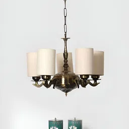Devansh White Jute Round  shade with Antique Golden Chandelier Metal Ceiling Lamp-13