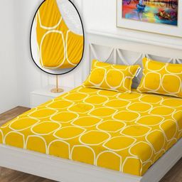 YaAkholic Yellow & Off White 210 TC Queen Bedsheet with 2 Pillow Covers-image-77