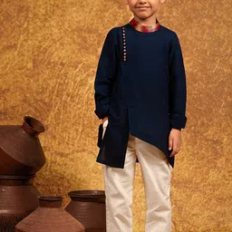 MIRALI Boys Mandarin Collar Pure Cotton Asymmetric Kurta With Trousers-image-84