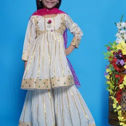 Little Bansi Girls Striped Pure Cotton A-Line Kurta with Sharara & Dupatta with Jacket-picture-18