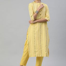Saanjh Yellow Stripes Woven Straight with Trousers-42