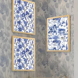 Art Street Turquoise Blue & White 3 Pieces Mughal Floral Painting Wall Art-image-69