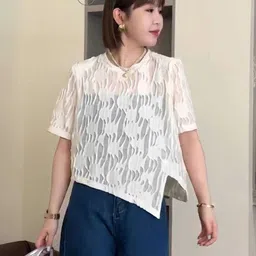 KPOP Women Self Design Round Neck Short Sleeves Top-image-62