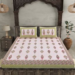 JAIPUR FABRIC Green & Pink Ethnic Motifs 144 TC King Bedsheet with 2 Pillow Covers-image-82