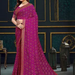 KANOODA Floral Printed Pure Georgette Bandhani Saree With Blouse Piece-picture-41
