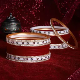 PANASH Set Of 24 Gold-Plated Red AD Stone Studded Chuda Set-18