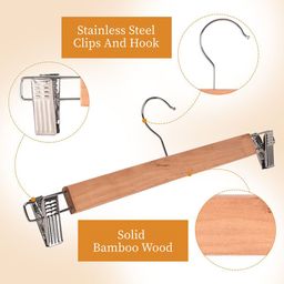 Kuber Industries 9 Pcs Bamboo Hangers For Clothes With 2-Adjustable Steel Clips image 2