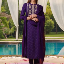 Moda Rapido Floral Embroidered Mandarin Collar Beads & Stones Kurta Trousers & Dupatta-picture-3