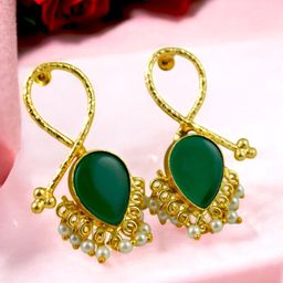 TISHUL JEWELS Gold-Plated Stones Studded & Beaded Contemporary Shaped Drop Earrings-34