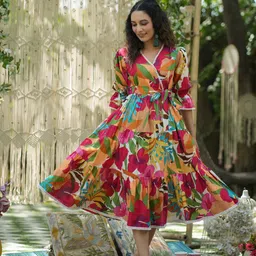Rain & Rainbow Pure Cotton Tiered Midi Wrap Dress-picture-57