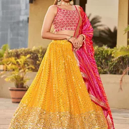 ETHNIC PLUS Embroidered Sequinned Semi-Stitched Lehenga & Unstitched Blouse With Dupatta-image-1
