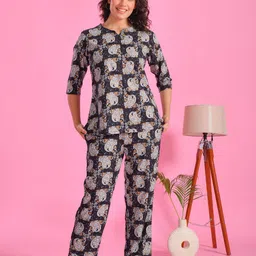 SANSKRUTIHOMES Women Printed Pure Cotton Round Neck Top & Flared Trouser Night suits-image-96