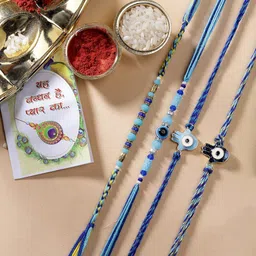 Sangria Set Of 4 Stones Studded & Beaded Evil Eye Thread Rakhi With Roli Chawal Chandan-1